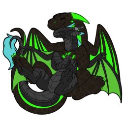  4_toes black_body closed_eyes dragon duo feet feral horn membrane_(anatomy) membranous_wings mythological_creature mythological_scalie mythology scalie smile symrea toes wings 