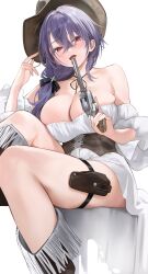  azur_lane bare_shoulders barrel boots breasts cleavage colt_single_action_army corset cowboy_hat detached_sleeves dress english_commentary female gun hair_over_shoulder handgun hat hat_string highres holding holding_gun holding_weapon holster large_breasts long_hair low-tied_long_hair open_mouth pittsburgh_(azur_lane) pittsburgh_(the_bartender&#039;s_gambit)_(azur_lane) pouch preview_(preview0) purple_hair red_eyes revolver sitting solo thigh_holster thigh_pouch tongue tongue_out weapon white_dress 