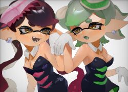  2girls :d black_dress black_hair bow-shaped_hair breasts callie_(splatoon) cleavage colored_tongue cousins cross-shaped_pupils detached_collar dress earrings fangs food food_on_head gloves gradient_hair green_hair green_pantyhose green_tongue grey_hair highres inkling jewelry long_hair marie_(splatoon) medium_breasts mepo_1 mole mole_under_eye multicolored_hair multiple_girls object_on_head pantyhose pointy_ears red_hair short_hair smile splatoon_(series) splatoon_1 strapless strapless_dress symbol-shaped_pupils teeth tentacle_hair two-tone_hair very_long_hair white_gloves yellow_eyes 