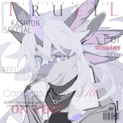  1:1 1_horn 2023 black_body black_fur cover curved_horn digital_media_(artwork) digital_painting_(artwork) fur hair hi_res horn long_hair looking_at_viewer magazine_cover male purple_eyes solo viosgit white_body white_fur white_hair 