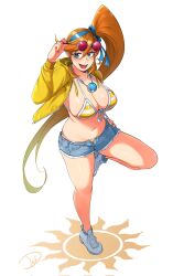  :d alternate_costume athena_cykes bikini blue_bow blue_eyes blue_shorts bow breasts cleavage collarbone commission crescent crescent_earrings cropped_jacket deliciousbrain denim denim_shorts earrings english_commentary female full_body gyakuten_saiban hair_between_eyes hairbow hand_on_own_hip highres jacket jewelry large_breasts leg_up long_hair long_sleeves navel necklace open_clothes open_jacket open_mouth orange_hair shoes short_shorts shorts side_ponytail smile solo sunglasses swimsuit teeth upper_teeth_only very_long_hair white_background white_footwear yellow_jacket 