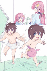  2boys 2girls bath blue_eyes brother_and_sister brown_hair catching couple family father_and_daughter father_and_son gundam gundam_seed gundam_seed_freedom hair_ornament haro highres holding holding_plate husband_and_wife if_they_mated kira_yamato lacus_clyne long_hair mother_and_daughter mother_and_son multiple_boys multiple_girls nude open_mouth pink_hair plate ponytail purple_eyes running shirt short_hair siblings soshiki straight sweat towel very_long_hair wet 