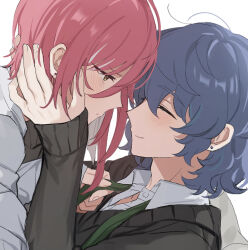  2boys ^_^ aoba_tsumugi bishounen black_sweater blue_hair close-up closed_eyes couple dark_blue_hair earrings ensemble_stars! face-to-face facing_another furrowed_brow green_necktie hands_on_another&#039;s_face heads_together jewelry light_blush light_frown light_smile looking_at_another loose_necktie male_focus medium_hair multiple_boys necktie necktie_grab neckwear_grab no_eyewear portrait profile red_hair sakasaki_natsume short_hair_with_long_locks simple_background single_sidelock sleeves_past_wrists stud_earrings sweater tsmkwa white_background yaoi 