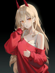  absurdres black_background blonde_hair bra breasts chainsaw_man cleavage female highres horns izei1337 open_mouth orange_eyes power_(chainsaw_man) red_horns red_sweater simple_background single_off_shoulder solo sweater underwear 