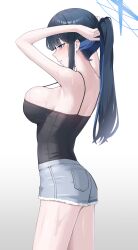  ass bare_shoulders black_camisole black_hair blue_archive blue_eyes blue_hair blush breasts camisole colored_inner_hair cutoffs female grey_shorts halo highres large_breasts long_hair multicolored_hair ponytail saori_(blue_archive) saori_(swimsuit)_(blue_archive) short_shorts shorts sidelocks solo suzuya_(maru) sweat thighs 