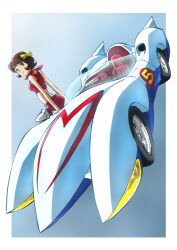  border bow brown_eyes brown_hair car crop_top female grey_background hairbow highres looking_back mach_5 mach_go_go_go motor_vehicle outside_border race_vehicle racecar red_shirt red_skirt shimura_michi shirt short_hair skirt sleeveless sleeveless_shirt smile solo taiga_hiroyuki vehicle_focus white_border white_car yellow_bow 