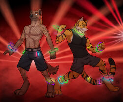  4_toes 5_fingers 6:5 alexeji anthro armband athletic athletic_anthro athletic_male belt black_claws black_nose black_stripes blue_eyes bottomwear brown_spots claws clothed clothing dancing digitigrade duo feet felid finger_claws fingers fishnet_clothing fishnet_t-shirt fishnet_topwear fist fur glowing glowstick glowstick_anklet glowstick_bracelet glowstick_necklace glowstick_on_belt glowstick_on_tail green_eyes hyena letigre male mammal mane multicolored_body multicolored_fur orange_body orange_fur pantherine pawpads pink_nose pink_pawpads pose rave retractable_claws shirt shorts smile spots spotted_hyena stripes studded_belt studs t-shirt tail tan_body tan_fur tank_top tiger tight_clothing tight_topwear toe_claws toes topwear tsaiwolf two_tone_body two_tone_fur 