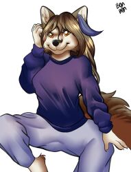  accessory amber_eyes anthro blue_clothing blue_shirt blue_topwear bonbonsart bottomwear breasts brown_body brown_fur brown_hair canid canine canis clothed clothing feather_in_hair feathers female fluffy fluffy_tail fur grey_body grey_bottomwear grey_clothing grey_fur grey_pants hair hair_accessory hi_res long_hair mammal pants river_(golddrake) shirt simple_background sitting smile solo sweatpants sweatshirt tail topwear wolf 