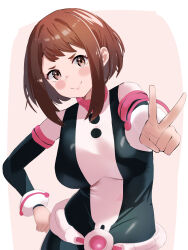  absurdres aw999555 black_bodysuit bodysuit boku_no_hero_academia breasts brown_eyes brown_hair closed_mouth female highres large_breasts looking_at_viewer multicolored_bodysuit multicolored_clothes outstretched_arm pink_bodysuit sidelocks smile solo superhero_costume uraraka_ochako v 