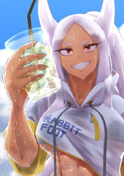  abs animal_ears boku_no_hero_academia breasts cloud cup dark-skinned_female dark_skin female glass highres holding holding_cup jacket juice large_breasts long_eyelashes long_hair looking_at_viewer mirko muscular muscular_female rabbit_ears rabbit_girl red_eyes sky smile solo strail_cycleman sweat toned_female upper_body white_hair white_jacket 