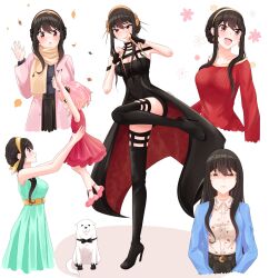  2girls :d \||/ absurdres ahoge anya&#039;s_heh_face_(meme) anya_(spy_x_family) arms_up bare_arms bare_shoulders black_bow black_bowtie black_dress black_footwear black_gloves black_hair blush bond_(spy_x_family) boots bow bowtie braid braided_bun breasts cleavage closed_mouth coat collarbone collared_shirt commentary d: dress eye_contact eyelashes fingerless_gloves frown full_body gloves green_dress green_eyes hair_between_eyes hair_bun hair_down hairband half-closed_eyes hand_up happy high_heels highres holding holding_weapon lalachan208 large_breasts lips long_hair long_sleeves looking_afar looking_at_another medium_hair meme mother_and_daughter multiple_girls multiple_views open_mouth pink_coat pink_hair profile red_dress red_eyes red_sweater scarf shaded_face shirt short_hair_with_long_locks simple_background single_hair_bun sleeveless sleeveless_dress smile solo_focus spy_x_family standing standing_on_one_leg straight_hair strapless strapless_dress surprised sweater thigh_boots tsurime upper_body waving weapon white_background white_dog white_shirt yellow_hairband yellow_scarf yor_briar 