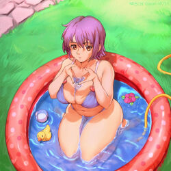  bikini breasts day female grass highres hose huge_breasts keigi nagato_yuki navel outdoors plump purple_bikini purple_hair rubber_duck seiza short_hair sitting solo suzumiya_haruhi_no_yuuutsu swimsuit wading_pool water yellow_eyes 