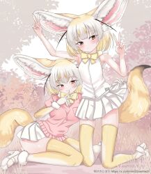  2girls akegata_tobari animal_ears blonde_hair blush bow bowtie brown_eyes dual_persona extra_ears fennec_(kemono_friends) fox_ears fox_tail fur_collar gloves highres kemono_friends large_ears multicolored_hair multiple_girls open_mouth pink_sweater shirt short-sleeved_sweater short_hair short_sleeves skirt sleeveless sleeveless_shirt smile sweater tail thick_thighs thighhighs thighs white_hair yellow_bow yellow_bowtie 