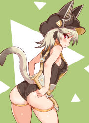  animal_ears animal_hat ass black_hair black_hat black_panties black_shirt cabbie_hat cat_ears cat_girl cat_hat cat_tail commentary cougar_(cougar1404) cowboy_shot female from_behind gradient_hair green_background grey_hair hashtag-only_commentary hat key_(cougar1404) long_hair looking_at_viewer looking_back multicolored_hair oerba_yun_fang open_mouth original panties red_eyes ribbed_panties ribbed_shirt shirt sleeveless sleeveless_shirt solo standing streaked_hair suspenders tail thigh_strap triangle underwear 