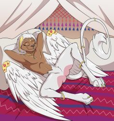  absurd_res anthro artemis_neith bed felid feline fuf furniture heartbutt hi_res jewelry lounging mammal mythological_creature mythological_sphinx mythology original_character paws pillow tail torso wings 