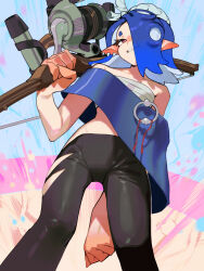  blue_hair chest_sarashi earrings female grin hair_over_one_eye highres holding holding_weapon jewelry multiple_earrings octoling pants pointy_ears poncho raneblu red_eyes sarashi shiver_(splatoon) smile solo splatoon_(series) splatoon_3 suction_cups tentacle_hair tooth_earrings weapon 