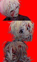  3boys absurdres atou_haruki black_jacket blonde_hair blood blood_in_hair blood_on_clothes blood_on_face brown_hair brown_sweater chromatic_aberration closed_mouth fur_trim highres isoi_reiji jacket male_focus multiple_boys open_mouth outeqsfhknvx parted_bangs red_background red_eyes saibou_shinkyoku sanpaku shinano_eiji shirt short_hair simple_background smile spoilers sweater turtleneck turtleneck_sweater white_shirt wide-eyed 