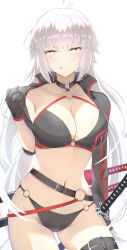  ahoge bikini black_bikini black_gloves black_jacket breasts choker cleavage collarbone cropped_jacket fate/grand_order fate_(series) female gloves grey_hair highres jacket jeanne_d&#039;arc_alter_(fate) jeanne_d&#039;arc_alter_(swimsuit_berserker)_(fate) katana large_breasts long_hair long_sleeves looking_at_viewer navel o-ring o-ring_bikini off_shoulder red_thighhighs shrug_(clothing) single_bare_shoulder single_thighhigh solo swimsuit sword thigh_strap thighhighs thighs tongue tongue_out umi_endu very_long_hair weapon yellow_eyes 