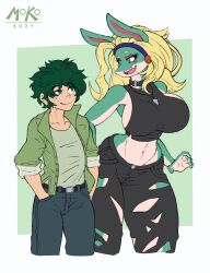  anon_(snoot_game) anthro big_breasts blonde_hair bottomwear breasts canid canine cavemanon_studios choker clothed clothing cosplay crossover duo fang_(gvh) female fox goodbye_volcano_high green_body green_hair hair hi_res human ippan_josei izuku_midoriya jacket jewelry male mammal moko_(artist) my_hero_academia navel necklace pants quirked_human_(my_hero_academia) simple_background size_difference snoot_game topwear torn_bottomwear torn_clothing torn_pants white_background 