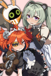  2girls ahoge amlrv3 animal_bag animal_ears apron bangboo_(zenless_zone_zero) bare_shoulders bear_bag bear_ears black_dress black_gloves blush bright_pupils corin_wickes cosplay costume_switch crop_top dress elbow_gloves eous_(zenless_zone_zero) eyepatch fake_animal_ears fingerless_gloves flame_print gloves green_hair hair_between_eyes highres koleda_belobog long_hair looking_at_viewer maid_apron maid_headdress midriff multiple_girls orange_hair purple_eyes red_eyes screw_hair_ornament sharp_teeth sleeveless teeth twintails white_pupils zenless_zone_zero 