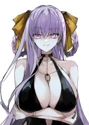  bare_shoulders bb_dubai_(fate) black_dress braid braided_hair_rings breasts center_opening cleavage crossed_arms dress fate/grand_order fate_(series) female grin hair_ribbon highres jewelry kazuradrop_(fate) kino_kokko large_breasts long_hair looking_at_viewer necklace purple_eyes purple_hair ribbon smile solo twin_braids very_long_hair yellow_ribbon 