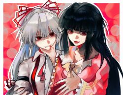  2girls black_hair blunt_bangs border bow breasts chinese_commentary clenched_teeth collared_shirt commentary_request fangs fujiwara_no_mokou hair_between_eyes hairbow highres hime_cut houraisan_kaguya kt-hl long_hair long_sleeves multiple_girls neck_ribbon open_mouth outside_border red_background red_eyes red_shirt red_trim ribbon shirt small_breasts smile suspenders teeth touhou white_border white_bow white_hair white_shirt yellow_ribbon 