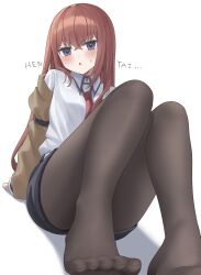  :&lt; absurdres annoyed arm_support black_pantyhose black_shorts breasts brown_jacket chestnut_mouth collared_dress commentary dress dress_shirt embarrassed female furrowed_brow hair_between_eyes hair_over_shoulder highres jacket knees_up leaning_back long_hair loose_necktie makise_kurisu necktie no_shoes off_shoulder on_ground open_clothes open_jacket pantyhose parted_lips presenting_foot purple_eyes red_hair red_necktie rei_rkgk0 romaji_commentary shadow shirt short_shorts shorts sitting small_breasts solo steins;gate sweatdrop toes translated very_long_hair white_background white_shirt 