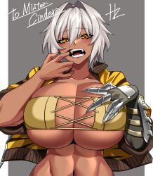  abs absurdres bikini border breasts commission dark-skinned_female dark_skin eyepatch_bikini fangs female finger_in_own_mouth gloves grey_background hand_on_own_chest highres huge_breasts hz_(666v) jacket large_breasts navel open_clothes open_jacket open_mouth original second-party_source short_hair signature single_glove skeb_commission swimsuit upper_body white_border yellow_eyes 