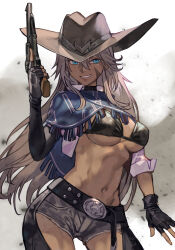  absurdres azur_lane belt bikini bikini_top_only black_belt black_bikini black_gloves blue_eyes blue_poncho breasts brown_hat chaps cleavage commentary contrapposto cowboy_hat cowboy_shot cowboy_western cropped_shirt dark-skinned_female dark_skin female fingerless_gloves gloves grey_hair grey_shorts grin gun hair_between_eyes handgun hashtag-only_commentary hat highres holding holding_gun holding_weapon hungry_clicker indiana_(azur_lane) indiana_(high_noon_arrest)_(azur_lane) large_breasts long_hair looking_at_viewer navel official_alternate_costume open_clothes open_shirt scar scar_on_cheek scar_on_face shirt short_shorts shorts simple_background smile solo standing stomach swimsuit toned toned_female weapon white_background white_shirt 