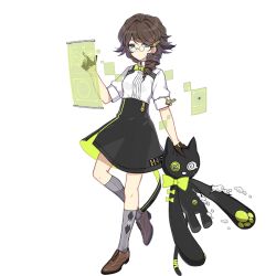  black_gloves black_skirt blue_eyes breasts brown_footwear brown_hair closed_mouth erwin_reanna_schrodinger female full_body glasses gloves green_skirt grey_socks holding holding_stuffed_toy holographic_interface honkai_(series) honkai_impact_3rd long_hair official_art shirt shoes skirt socks solo stuffed_toy third-party_source transparent_background two-tone_skirt white_shirt 