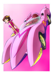  border bow brown_eyes brown_hair car crop_top female hairbow highres looking_back mach_5 mach_go_go_go motor_vehicle outside_border pink_background pink_car pink_shirt pink_skirt race_vehicle racecar shimura_michi shirt short_hair skirt sleeveless sleeveless_shirt smile solo taiga_hiroyuki vehicle_focus white_border yellow_bow 