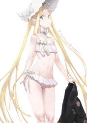  abigail_williams_(fate) abigail_williams_(swimsuit_foreigner)_(fate) abigail_williams_(swimsuit_foreigner)_(third_ascension)_(fate) absurdres bikini blonde_hair blue_eyes bonnet breasts fate/grand_order fate_(series) female frilled_bikini frills highres holding holding_jacket holding_unworn_clothes jacket long_hair navel parted_lips shikisuke simple_background small_breasts solo swimsuit very_long_hair white_background white_bikini 