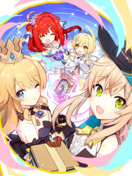  4girls :d :o ;) akitsuki_ria bare_shoulders black_hat blonde_hair blue_eyes bow breasts brown_gloves brown_hair circlet closed_eyes commentary_request crossed_bangs crown detached_sleeves double_bun dress drill_hair flower genshin_impact gloves green_eyes hair_between_eyes hair_bun hair_flower hair_ornament hat highres holding_hands kirara_(genshin_impact) kirara_(phantom_in_boots)_(genshin_impact) looking_at_another looking_at_viewer lumine_(genshin_impact) making-of_available medium_breasts mini_crown multiple_girls navia_(genshin_impact) nilou_(breeze_of_sabaa)_(genshin_impact) nilou_(genshin_impact) official_alternate_costume one_eye_closed parted_bangs purple_flower red_hair short_hair_with_long_locks sleeveless sleeveless_dress smile white_dress white_flower white_sleeves yellow_bow yellow_eyes 