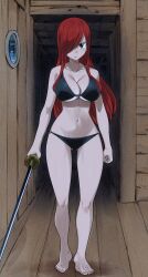  arm_tattoo barefoot bikini black_bikini breasts brown_eyes commentary erza_scarlet fairy_tail fairy_tail_logo female full_body gaston18 hair_over_one_eye highres holding holding_sword holding_weapon large_breasts long_hair looking_at_viewer navel red_hair solo stomach swimsuit sword symbol-only_commentary tattoo weapon 