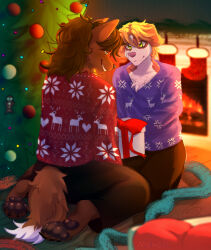  anthro bazdin_(bazdin42) brittany_spaniel canid canine canis christmas christmas_clothing christmas_decorations christmas_tree clothing domestic_dog duo eye_contact femboy fireplace fox hi_res holidays humanoid hybrid kneeling looking_at_another male male/male mammal meneo muscular muscular_anthro muscular_male plant russ_(rustydaggers) smile smiling_at_partner tree wolf 