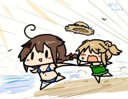  2girls bikini blue_bikini braid brown_hair brown_hat casual_one-piece_swimsuit chibi curse_(023) dated front-tie_bikini_top front-tie_top green_one-piece_swimsuit hair_flaps hat kantai_collection lifting_own_clothes long_hair michishio_(kancolle) multiple_girls one-piece_swimsuit running shigure_(kancolle) shigure_kai_san_(kancolle) shigure_kai_san_(swimsuit)_(kancolle) side-tie_bikini_bottom single_braid smile solid_oval_eyes sun_hat swimsuit twintails unworn_hat unworn_headwear 