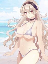  alternate_costume beach bikini black_choker black_hairband breasts choker collarbone commentary_request corrin_(female)_(fire_emblem) corrin_(fire_emblem) female fire_emblem fire_emblem_fates grey_bikini grey_hair hair_between_eyes hairband halterneck highleg highleg_bikini highres large_breasts long_hair looking_at_viewer n_54 navel ocean outdoors pointy_ears red_eyes sideboob solo standing swimsuit underboob wavy_hair 