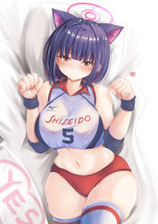  absurdres animal_ears bare_shoulders bed_sheet black_hair black_wristband blue_archive blush bob_cut bra bra_visible_through_clothes breasts buruma cat_ears cat_girl collared_shirt colored_inner_hair commentary_request crop_top elbow_pads female gym_uniform halo highres kazusa_(blue_archive) lace-trimmed_bra lace-trimmed_panties lace_trim large_breasts linea_alba lingerie looking_at_viewer lying medium_hair multicolored_hair navel on_back panties panty_peek paw_pose pillow pink_eyes pink_hair pink_halo red_bra red_buruma red_panties revision shirt signature solo stomach thighhighs thighs tong_shui two-tone_hair underwear white_shirt white_thighhighs wristband yes yes-no_pillow 