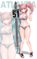  anchor_hair_ornament atlanta_(kancolle) atlanta_(swimsuit_mode)_(kancolle) bikini breasts brown_hair cloud_print earrings female full_body grey_bikini grey_eyes hair_ornament highres holding holding_surfboard jewelry kantai_collection large_breasts long_hair looking_at_viewer mesera sandals surfboard swimsuit two_side_up unworn_sandals white_background zoom_layer 