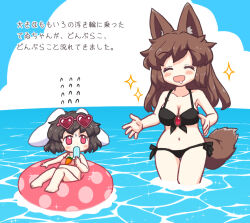  2girls animal_ears barefoot bebeneko bikini black_bikini black_hair blue_sky blush breasts brown_hair carrot_necklace closed_eyes cloud commentary_request day drooling eyewear_on_head flat_chest floppy_ears flying_sweatdrops food full_body heart heart-shaped_eyewear holding holding_food holding_popsicle imaizumi_kagerou inaba_tewi jewelry large_breasts long_hair looking_at_another looking_to_the_side medium_bangs multiple_girls necklace ocean open_mouth outdoors pink-framed_eyewear pink_bikini pink_innertube polka_dot_innertube popsicle rabbit_ears rabbit_girl red_eyes revision short_hair sky smile soles sparkle swimsuit tail touhou translation_request wading water wolf_ears wolf_girl wolf_tail 