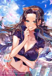  black_hair blue_eyes blue_shirt blush commentary_request cropped_jacket eyewear_on_head female floating_hair girikashi43 highres long_hair looking_at_viewer nico_robin one_piece petals pink_petals pink_sarong shirt short_sleeves sidelocks sky sly smile solo twitter_username 