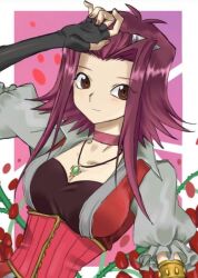  border breasts brown_eyes cleavage dress female fingerless_gloves gloves gradient_background highres izayoi_aki jewelry kani0034 large_breasts looking_at_viewer medium_hair pendant plant purple_background red_dress red_hair red_petals solo upper_body vines white_border yu-gi-oh! yu-gi-oh!_5d&#039;s 