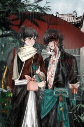  2boys absurdres bandaged_arm bandaged_hand bandages black_hair blood blood_in_hair blood_on_chest blood_on_clothes blood_on_face cen_boyao chinese_commentary commentary_request earrings hair_bun highres holding holding_umbrella huayangshan_jishi jacket jewelry karaiii male_focus medium_hair mole mole_under_each_eye mole_under_eye multiple_boys multiple_moles oil-paper_umbrella open_clothes open_jacket open_shirt outdoors red_umbrella scarf shirt short_hair sleeves_rolled_up smile sweat umbrella white_jacket white_scarf white_shirt zhao_yuwen 