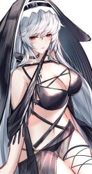  absurdres arknights bare_shoulders bikini black_bikini breasts cowboy_shot female grey_hair habit hair_between_eyes hat highres leg_ribbon long_hair looking_at_viewer mo_komo_momo navel nun parted_lips red_eyes ribbon simple_background solo specter_(arknights) stomach swimsuit thigh_ribbon thigh_strap white_background 