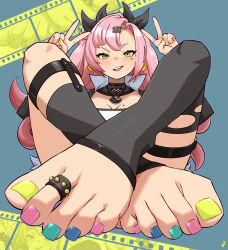  absurdres aqua_nails artist_logo asymmetrical_legwear black_socks black_thighhighs blue_nails blush boots breasts cleavage crossed_ankles double_v earrings eyelashes feet female foot_focus foreshortening green_eyes hair_ornament hair_ribbon hairclip hands_up heart heart_earrings heart_necklace highres jewelry knees_up long_hair looking_at_viewer mohoshadream mole mole_on_breast mole_under_eye nail_polish necklace nicole_demara no_shoes open_mouth parted_bangs pink_eyes pink_hair pink_nails ribbon shadow sitting socks solo teeth thighhighs toe_ring toeless_legwear toenail_polish toenails toes torn_clothes torn_thighhighs upper_teeth_only v yellow_nails zenless_zone_zero 