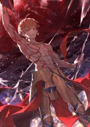  abs arm_up armor blonde_hair fate/grand_order fate_(series) gilgamesh_(fate) gold_armor highres holding holding_sword holding_weapon male_focus muscular muscular_male red_eyes satsuki_(satsuki_art) short_hair sword topless_male weapon 