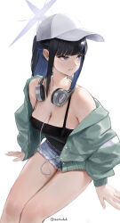  bare_shoulders black_hair black_shirt blue_archive blue_eyes blue_hair breasts cleavage closed_mouth colored_inner_hair commentary denim denim_shorts female green_jacket halo hat headphones headphones_around_neck highres jacket large_breasts long_sleeves looking_to_the_side micro_shorts multicolored_hair off_shoulder official_alternate_costume open_clothes open_jacket ponytail saori_(blue_archive) saori_(swimsuit)_(blue_archive) shirt shorts sidelocks simple_background sitting solo thighs twitter_username white_background white_hat zeradok 