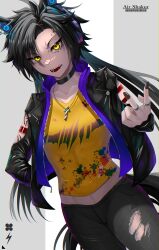  air_shakur_(umamusume) alternate_costume amekudaki animal_ears arm_strap arm_tattoo belt black_belt black_hair black_jacket black_nails black_pants blue_neckerchief blue_sailor_collar bracelet character_name clover commentary_request cowboy_shot ear_ornament ear_piercing eyebrow_piercing female flat_chest four-leaf_clover highres horse_ears horse_girl jacket jewelry long_hair looking_at_viewer navel neckerchief open_clothes open_jacket pants piercing sailor_collar shadow simple_background solo tattoo umamusume v-shaped_eyebrows white_background yellow_eyes 