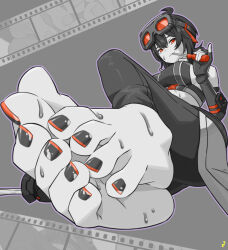  absurdres ahoge arm_pouch artist_logo barefoot breasts buckle closed_mouth crop_top detached_sleeves eyelashes feet female fingerless_gloves foot_focus foreshortening full_body gloves goggles goggles_on_head grace_howard grey_background hair_between_eyes highres holding knees_apart_feet_together large_breasts looking_at_viewer medium_hair mohoshadream nail_polish orange_eyes orange_nails pants screwdriver shoes sleeveless smile sneakers solo spot_color toenail_polish toenails toes unworn_shoes zenless_zone_zero 