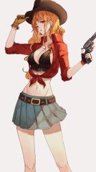  adjusting_clothes adjusting_headwear akazu_kieshi bare_legs belt belt_buckle blue_skirt breasts brown_eyes brown_gloves brown_hat buckle cleavage collarbone commentary cowboy_hat cowboy_western crop_top earrings feet_out_of_frame female fingerless_gloves gloves groin gun hair_behind_ear handgun hat highres holding holding_gun holding_weapon jewelry large_breasts long_hair looking_at_viewer midriff miniskirt nail_polish nami_(one_piece) navel one_eye_closed one_piece orange_hair parted_lips pleated_skirt red_nails red_shirt shirt simple_background single_fingerless_glove single_sidelock skirt sleeves_rolled_up solo symbol-only_commentary tied_shirt wavy_hair weapon 